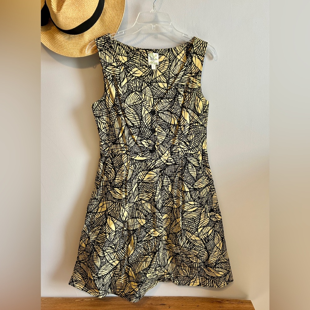 Anthropologie Weston Wear Emerging Leaves Poplin Yellow Black Mini Dress Size 6